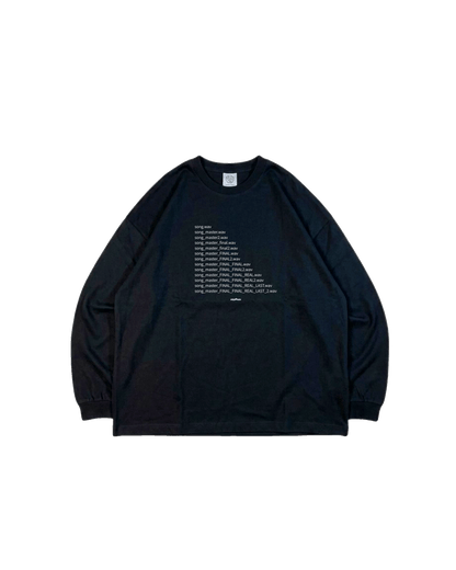 Black Mastering BOX LS Tee (long-sleeve cotton T‑shirt) laid flat showing a centered column of white text on the front.