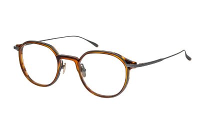 Round tortoiseshell Masunaga K3 Lantana eyeglass frames with thin metal temples on a white background.