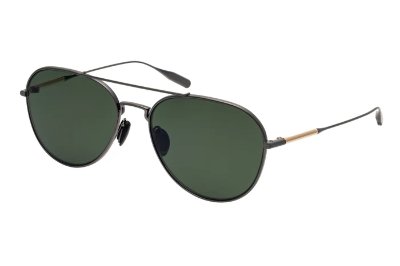 MASUNAGA TRANE glasses with dark green lenses and thin metal frame on a white background.