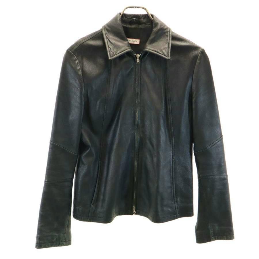 Black lambskin women's leather jacket (MAX&CO, size 40) hanging on a hanger against a white background.