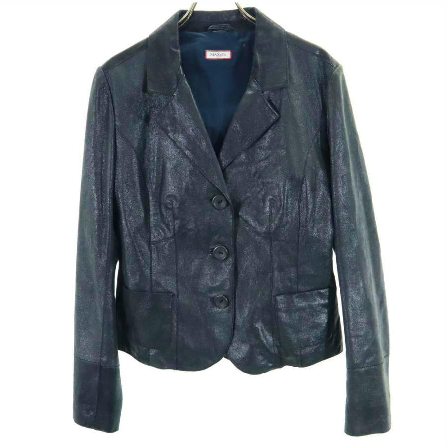 Charcoal-gray MAX&CO women's lambskin leather jacket (size 42) shown hanging against a white background.