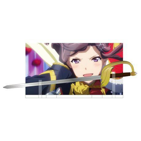 A rectangular acrylic decorative stand showing the anime character 天堂真矢 (Odette the Mavericks) holding a sword.