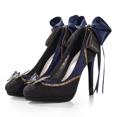 Pair of MAYLA Papilio high-heeled shoes with large bows and a butterfly embellishment shown on a white background.