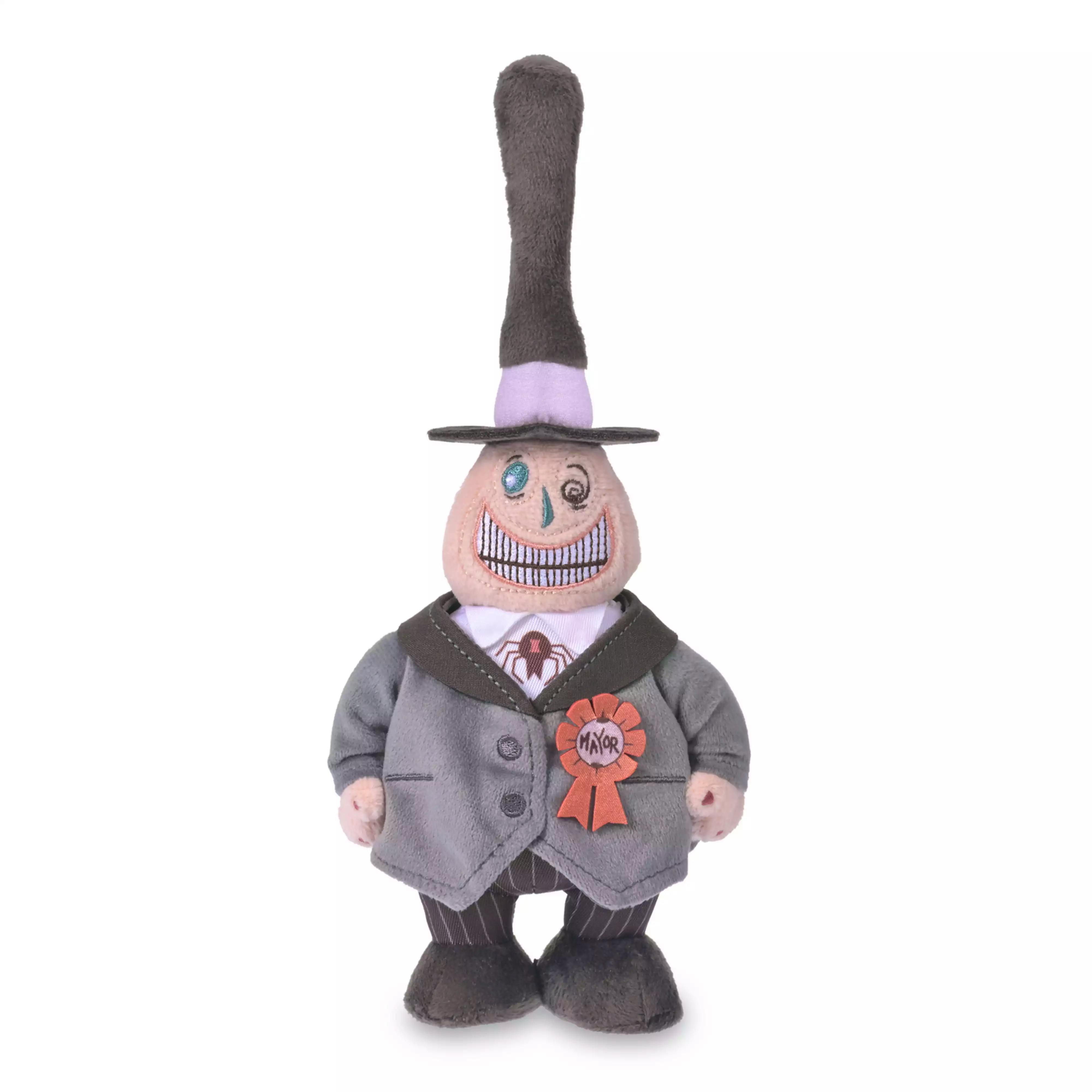Front view of the Mayor plush toy from Tim Burton's The Nightmare Before Christmas wearing a tall hat and a gray suit with a “Mayor” ribbon.