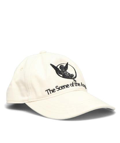 Off-white cotton baseball cap with a black embroidered graphic and black embroidered text on the front.