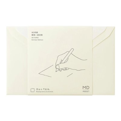 Pack of horizontal MD envelopes in a paper sleeve printed with a hand-writing illustration.