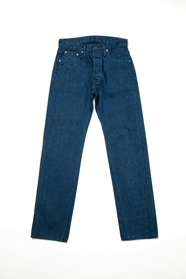 Front view of a pair of midnight indigo regular-straight men's jeans laid flat on a white background.