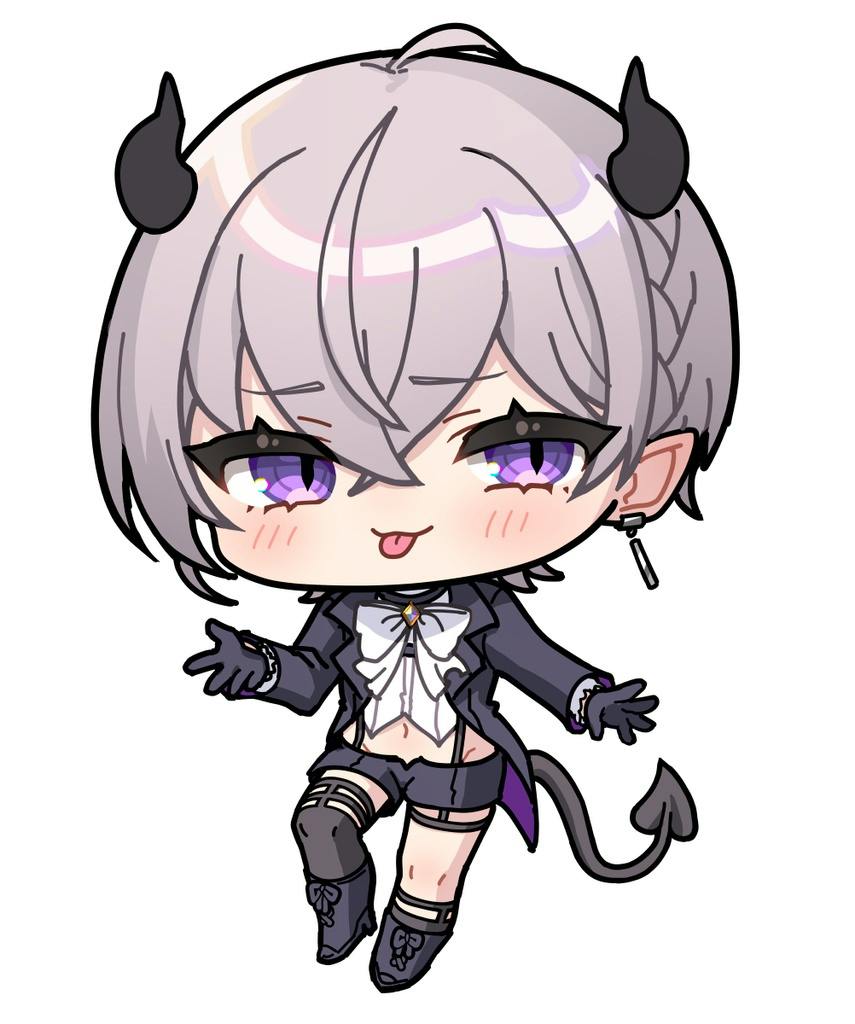 Chibi character illustration on a white background showing short pale hair, purple eyes, small black horns, a tail, and a dark outfit for the acrylic stand.