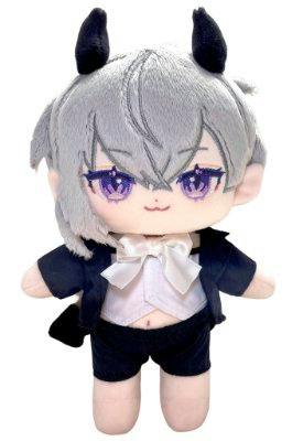 A plush toy of a gray-haired character with small black horns and purple embroidered eyes, wearing a white bow, white shirt, black jacket, and black shorts.