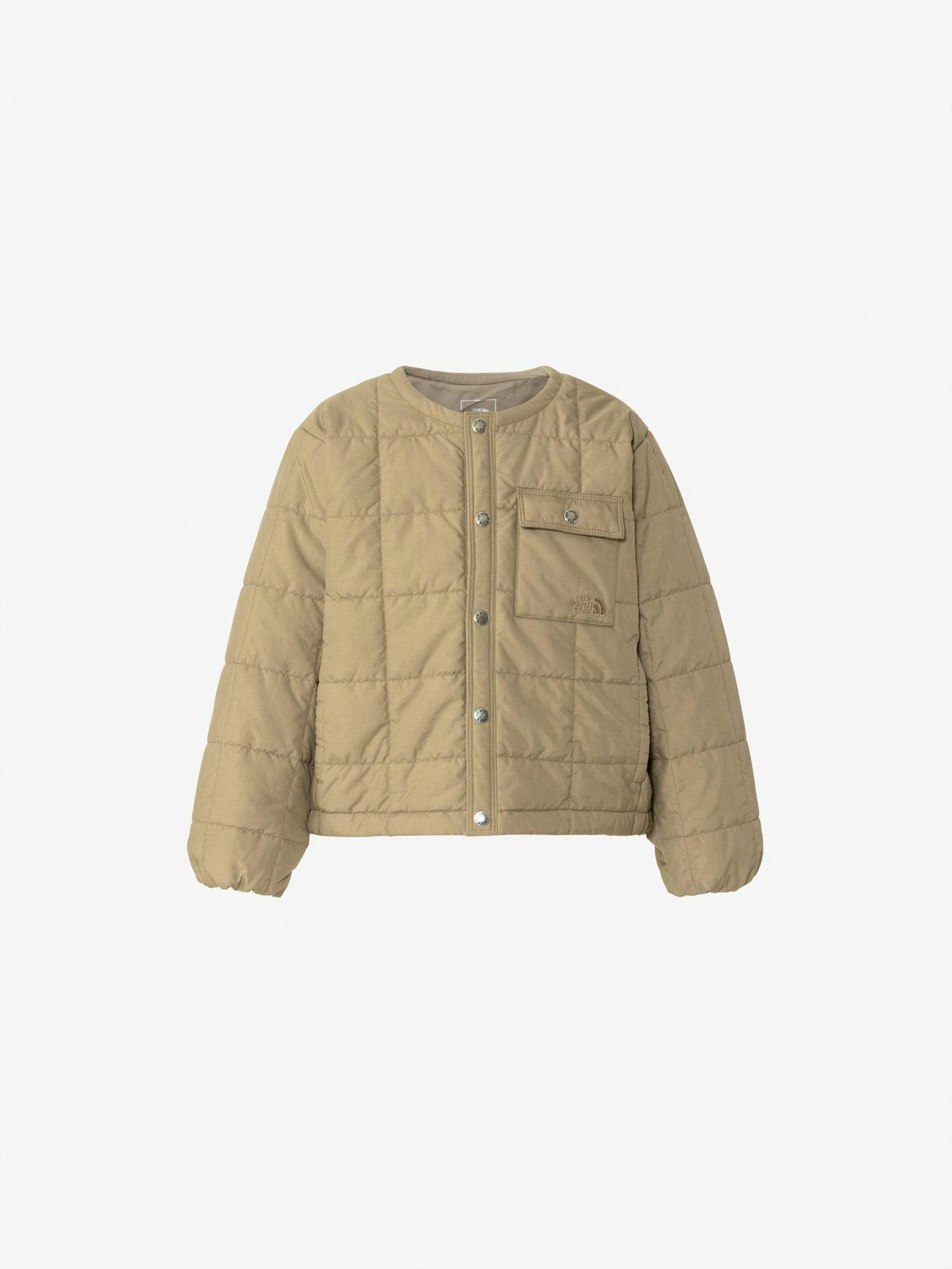 Front view of a children's nylon quilted jacket with a round neckline, snap-button front, and a flap chest pocket.