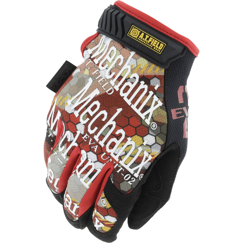 A polyester glove with a multicolor hex-pattern print, prominent "Mechanix" branding, and an A.T.FIELD wrist tab on a white background.