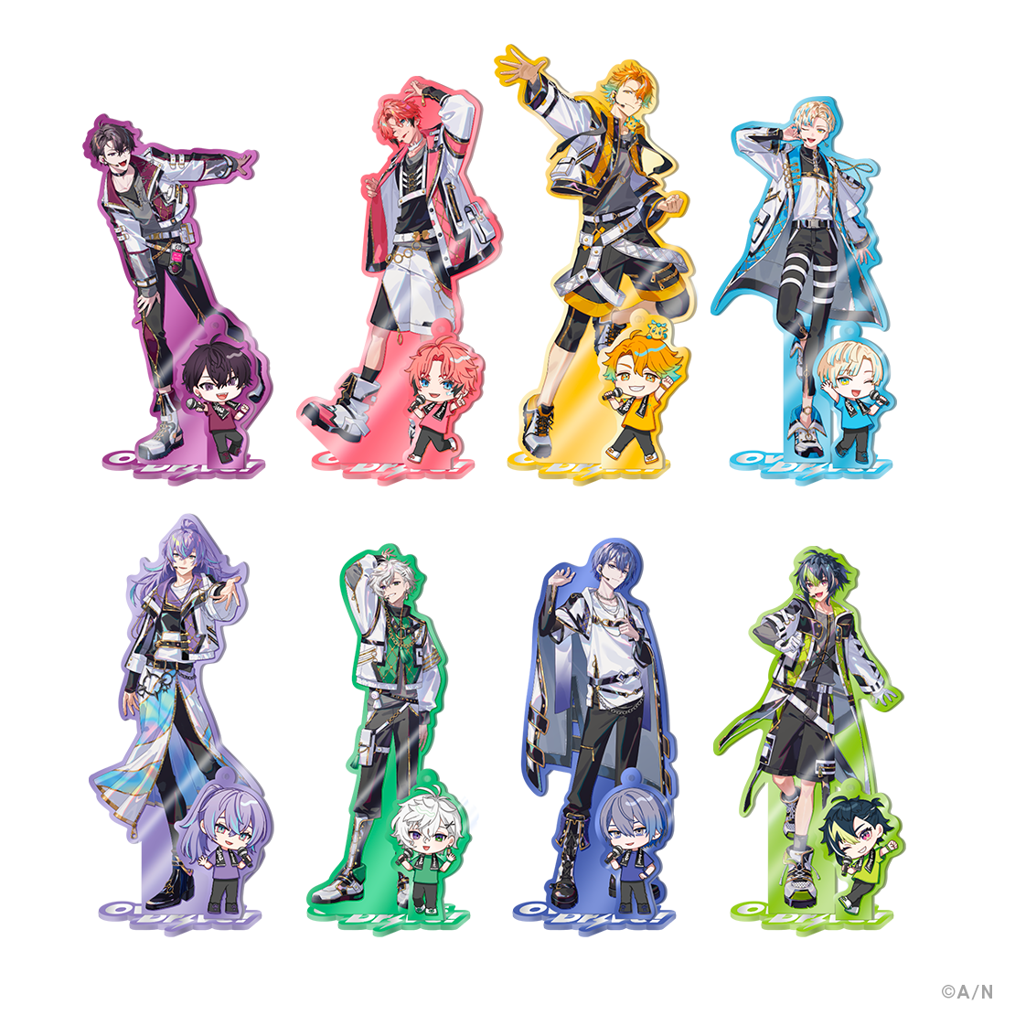 Ten MECHATU-A 1st LIVE acrylic character stands arranged in two rows on a white background.