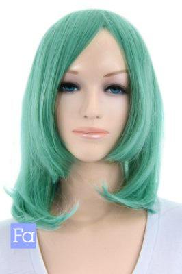 Medium-length green synthetic wig displayed on a mannequin head.