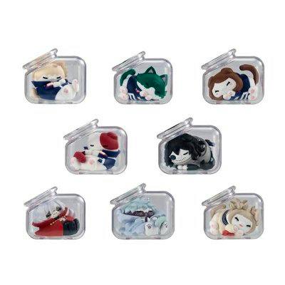 Photo of eight sleeping cat-style My Hero Academia figures displayed in clear plastic cases.