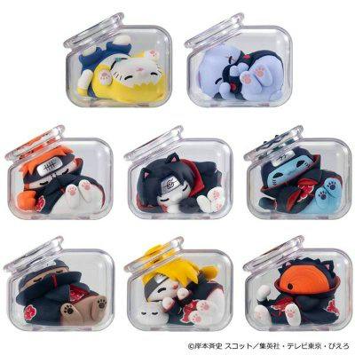 Eight small cat-styled Naruto character plastic figures shown in individual clear plastic cases together.