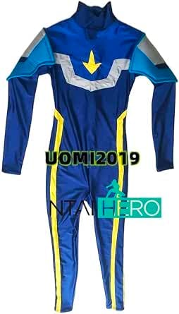 Front view of a blue Meteor Mega Man Star Force cosplay jumpsuit with yellow and silver trim, displayed flat.