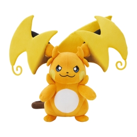 Front view of a Mega Raichu Y plush toy showing a yellow body, large wing-shaped ears, a white belly, and a brown tail.