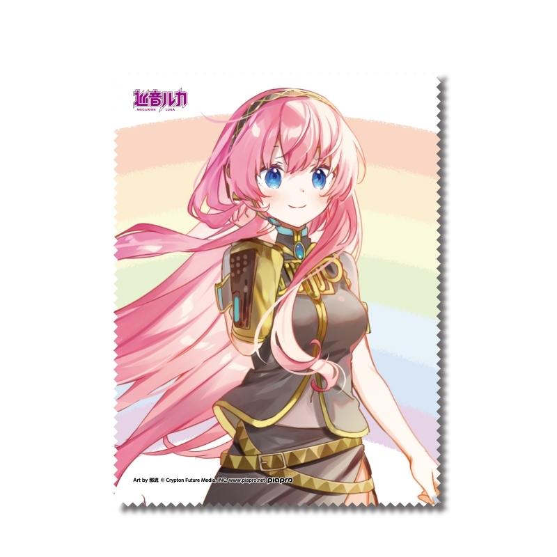 Glasses cleaning cloth printed with an illustration of Megurine Luka with pink hair against a pastel rainbow background.
