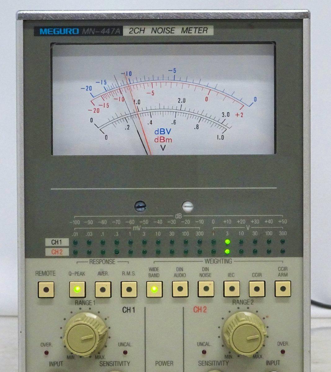 Front panel of a MEGURO MN-447A 2-channel noise meter showing the large analog meter, indicator LEDs, and control knobs.