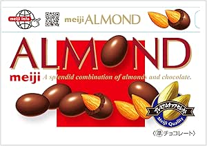 Front of a Meiji Almond Chocolate package showing chocolate-covered almonds and the word "ALMOND" on the packaging.