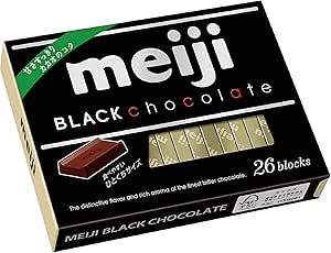 Box of Meiji Black Chocolate packaging showing the brand name and an image of chocolate pieces.