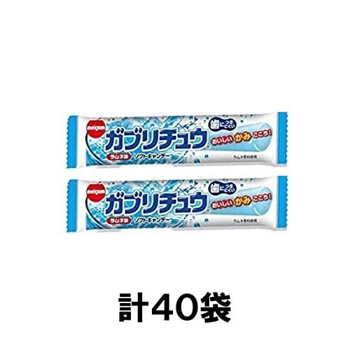 Two individually wrapped Gaburichu chewing gum sticks (ラムネ味/Ramune flavor) shown above Japanese text indicating a total of 40 bags.