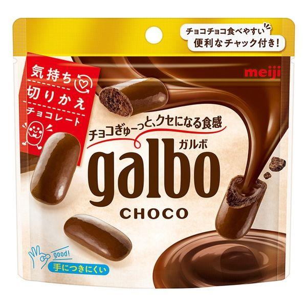 Front view of a Meiji Galbo Choco pouch package showing chocolate pieces and the galbo CHOCO branding.