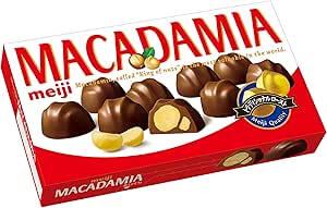 A box of Meiji Macadamia chocolate showing individual chocolate pieces and macadamia nuts on the packaging.
