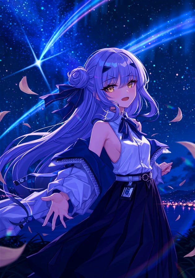 A2 tapestry illustration of "メリュジーヌ 流星Ver." showing a purple-haired girl standing against a starry night sky.