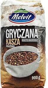 Front view of a Melvit 900 g bag of roasted buckwheat showing brand logo, product name, and a bowl of buckwheat kernels.