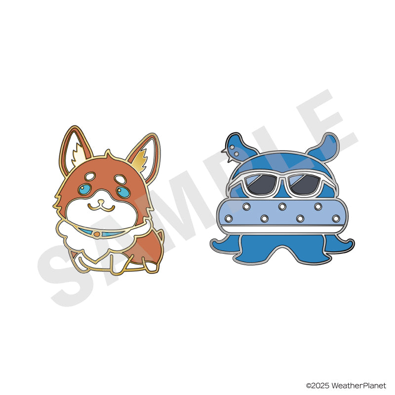 Two pin designs on a white background: a brown corgi-like character and a blue creature wearing sunglasses.