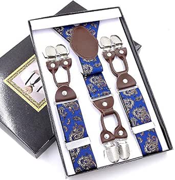 Blue paisley men's suspenders with brown leather accents and silver clips displayed in a gift box.