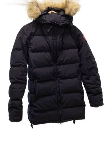 Front view of a black men's down jacket (polyester) with a fur-trimmed hood and a visible front zipper.