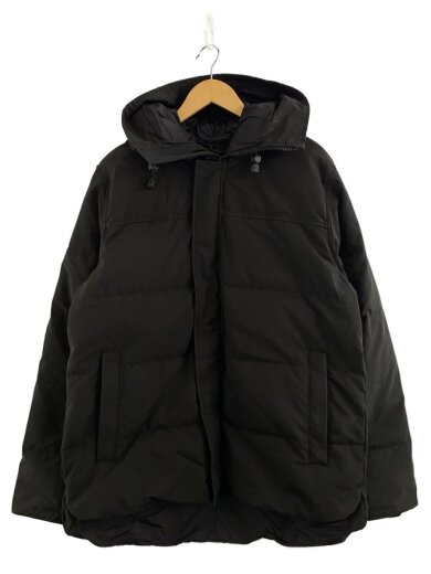 Front view of the black men's polyester down (puffer) jacket with hood hanging on a hanger.