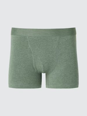 Green cotton men's boxer briefs (front-opening) shown on a neutral background.