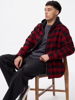 Male model seated wearing a red and black flannel check men's shirt.