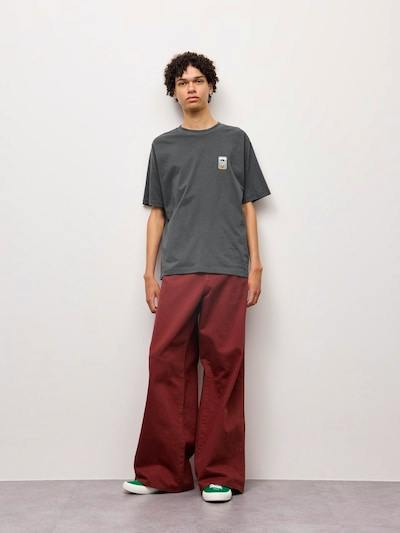 Model wearing the men's cotton graphic T-shirt in dark gray, front view.