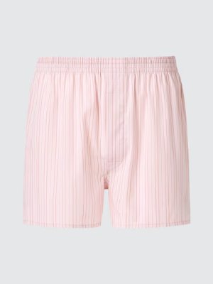 Front view of the men's knit trunks (cotton) in pink with vertical stripes, showing the elastic waistband and front opening.