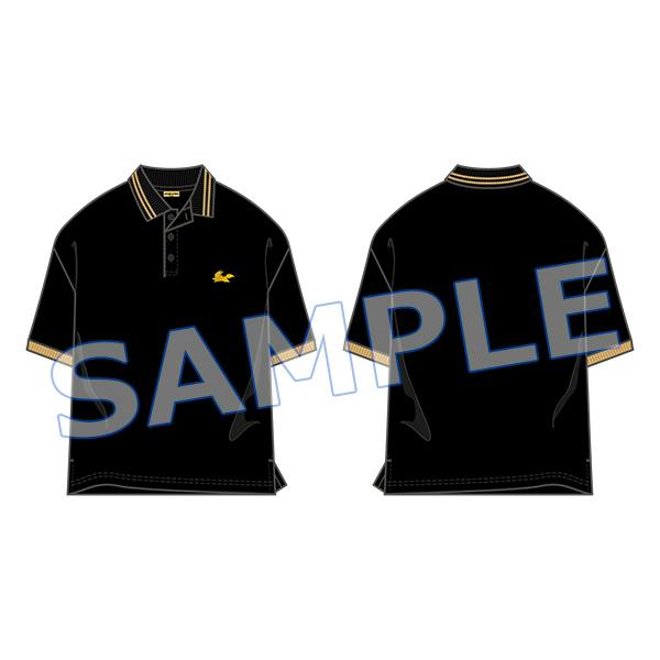 Illustrated front and back views of a black men's cotton polo shirt with yellow collar and sleeve trim and a small yellow chest logo.