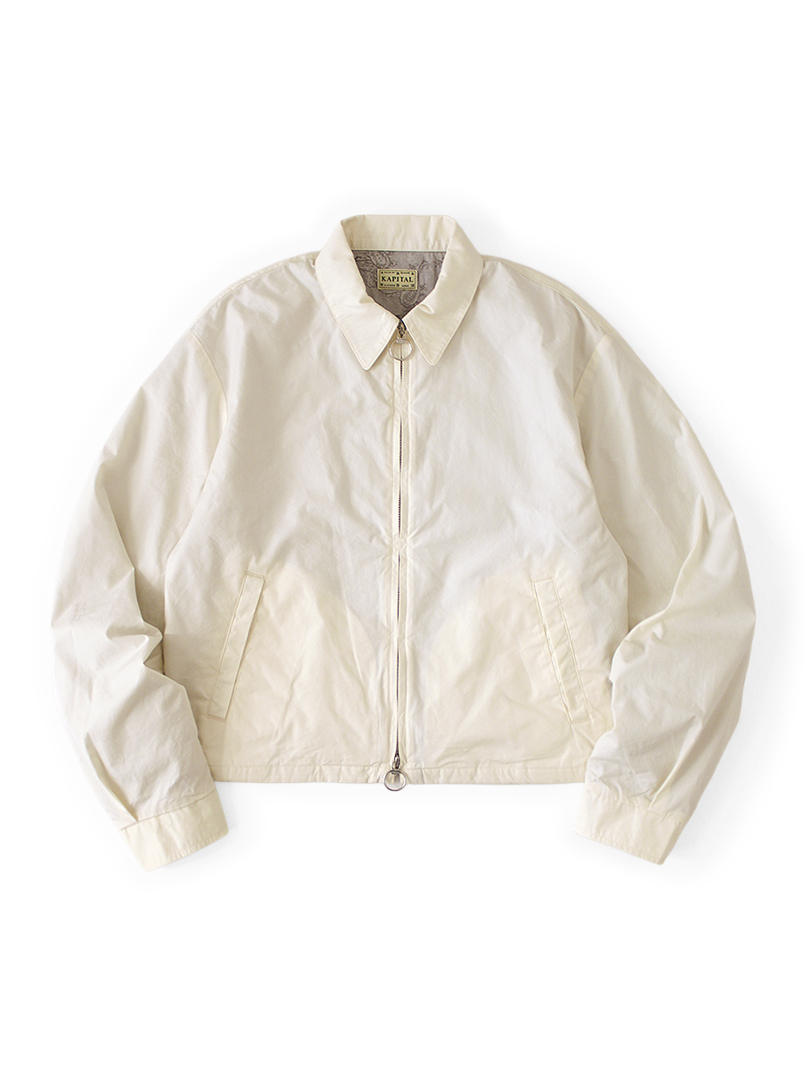 Front view of a men's cream-colored cotton drizzler jacket laid flat on a white background.