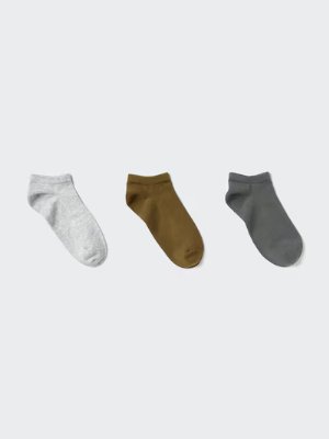 Three short men's socks (3-pack) in light gray, brown, and dark gray displayed on a plain background.