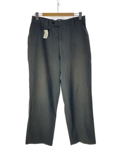 Front view of grey cotton men's slacks (size M) hanging on a wooden hanger.