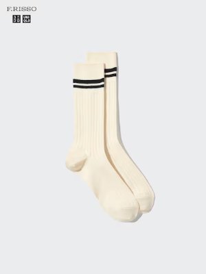 A pair of men's cotton socks in cream with two black stripes near the cuff shown flat on a light background.