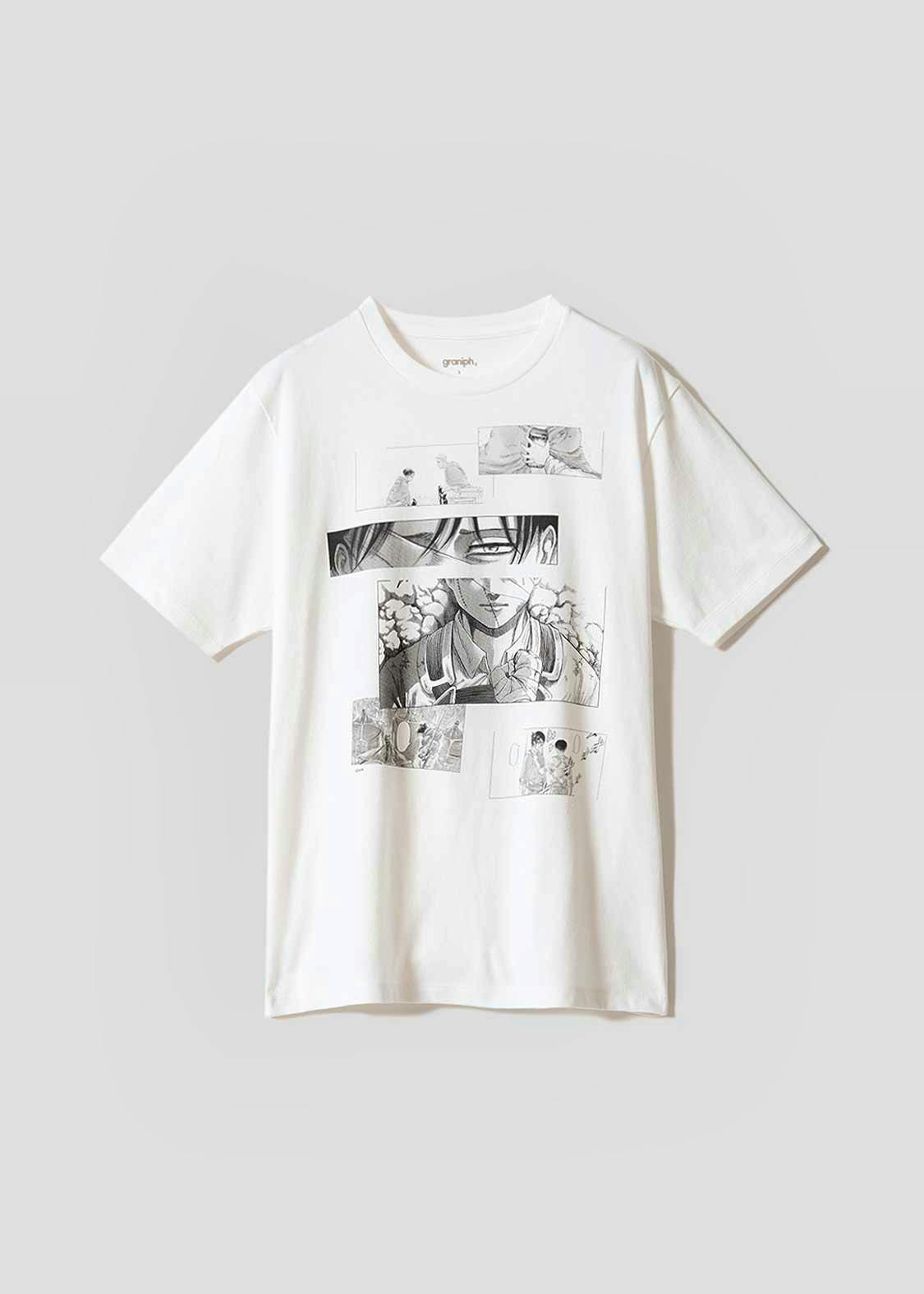 White men's cotton T-shirt shown flat with black-and-white manga-style panel prints on the front against a light background.