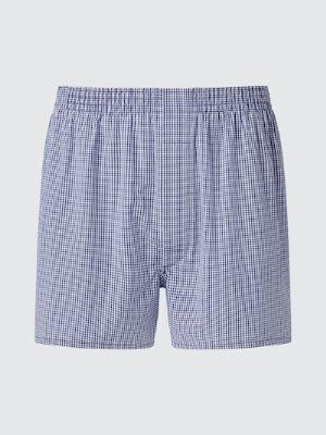 Front view of men's cotton trunks (front-opening) in a blue gingham pattern.