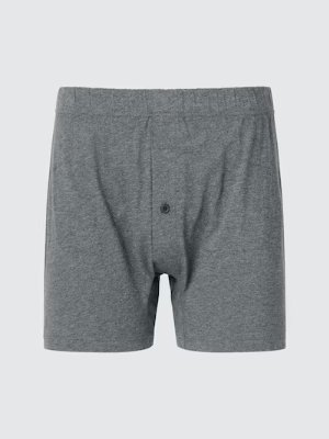 Front view of gray men's cotton underwear (boxer) on a plain light background.