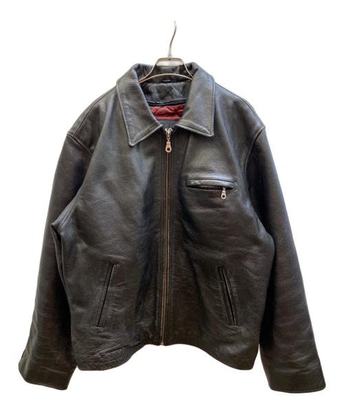 Front view of a men's cow leather jacket with a zipper, collar, and pockets hanging on a hanger.