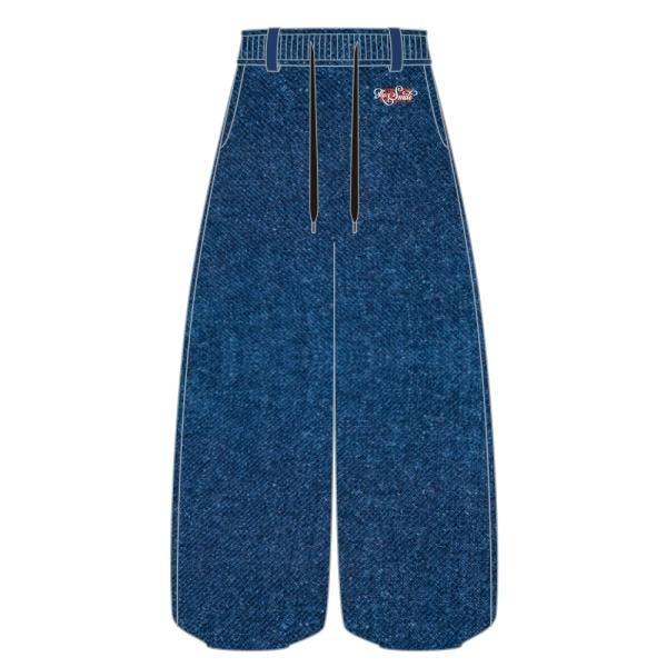 Front-view illustration of the men's deep blue denim sweatpants showing a drawstring waistband and wide legs.