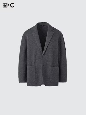 Front view of a men's wool relaxed shirt-jacket in dark gray on a plain background.