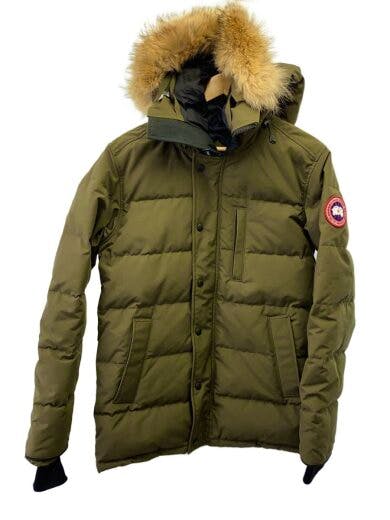 Front view of a khaki men's polyester down jacket with a fur-trimmed hood and a round patch on the sleeve.